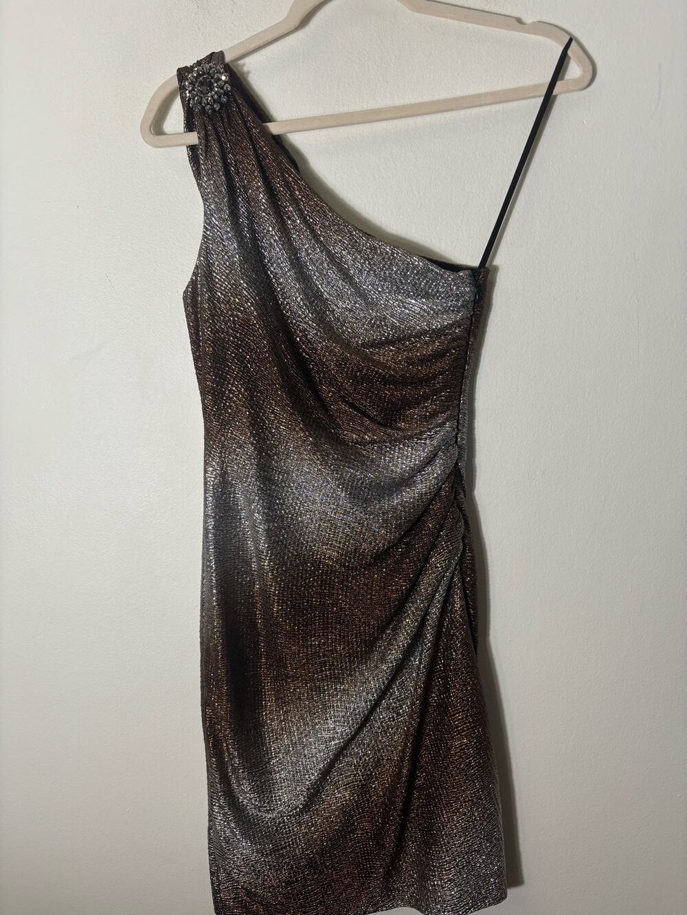 Maggie London Copper Silver Shimmer One Shoulder Ruched Cocktail Dress Sz 2